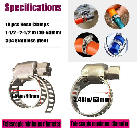 Heavy Duty Stainless Steel Hose Clamps 10 Pack, Adjustable 1-1/2 To 2-1/2 Inch Worm Gear Clamps for Pipe Tubing. 304 Stainless, Corrosion Resistant