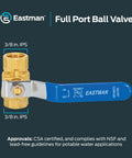 Three Eighth Inch IPS Heavy Duty Full Port Ball Valve Brass Plumbing Fitting with blue handle, side view