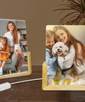 Two Pack Sublimation Night Lights Blank Wood LED Acrylic Photo Frames 4x6 Inch with warm light, featuring family photos and decor.