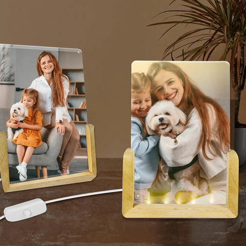 Two Pack Sublimation Night Lights Blank Wood LED Acrylic Photo Frames 4x6 Inch with warm light, featuring family photos and decor.