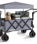 Gray 3 In 1 Collapsible Foldable Wagon With 300 Lbs Capacity And 150 L Heavy Duty Utility Cart Removable Canopy All Terrain Beach Wheels loaded with luggage and a dog.