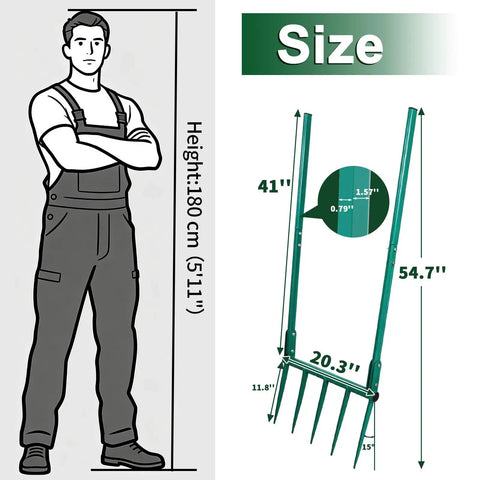 Illustration of Beefy Five Tine Broad Fork Garden Tool with size comparison to man, featuring 11.8-inch tines, steel construction.