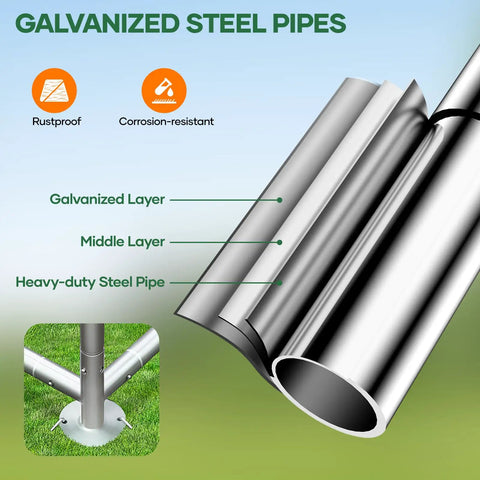 Diagram showing galvanized steel pipes for Heavy Duty Metal Chicken Coop With Lockable Door And Waterproof UV Cover, 20x10x6.5 Feet Yard Run