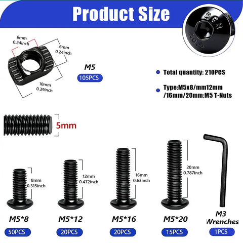 All In One M5 T Nuts And Bolts Kit For 2020 Aluminum Extrusion Hardware With Hammer Head M5 T Slot Nuts And M5 Hex Socket Screws