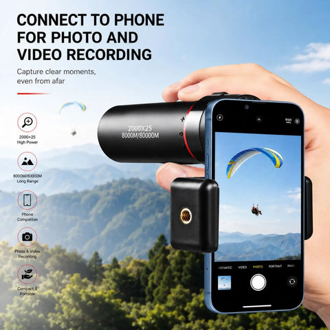 Grab And Go 25X Monocular Telescope With Phone Adapter, shown connected to smartphone capturing a paraglider in HD over mountains.