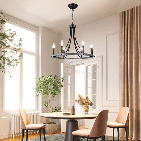 Wagon Wheel Round Chandelier Six Light Black Farmhouse Rustic Pendant Ceiling Light for Dining Room with modern decor