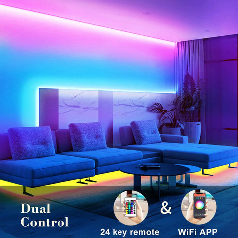 Ultra Long 100 Ft LED Strip Lights With Alexa And Google Assistant Music Sync Tuya App Remote Control Dreamy Bedroom Ambiance Home Theater Accent 2 Rolls 50 Ft Each Easy Room Decoration illuminating modern living room walls and ceiling