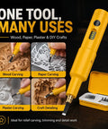 No Fuss Cordless Electric Wood Carving Tool With Kickass Battery Life And Hella Smooth Blade Swaps For Precision Shaping Engraving And Detail Work On Every Project, shown with various carving tasks.