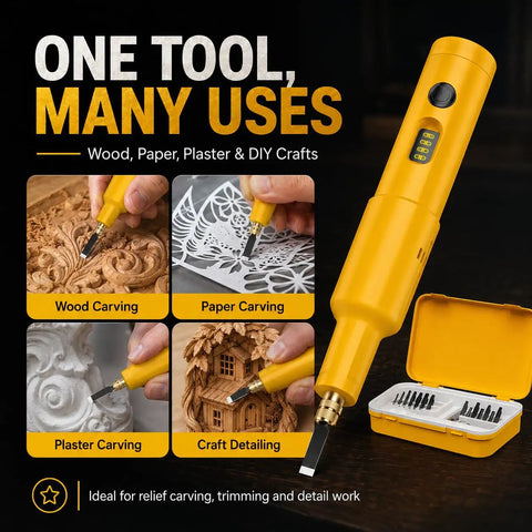 No Fuss Cordless Electric Wood Carving Tool With Kickass Battery Life And Hella Smooth Blade Swaps For Precision Shaping Engraving And Detail Work On Every Project, shown with various carving tasks.