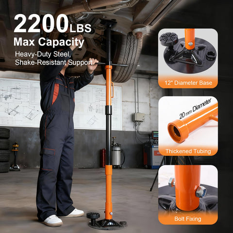 Heavy Duty Underhoist Jack Stand Built Like A Tank For One Ton Loads With Wide Steel Base And Dual Pads in garage, supporting a vehicle.