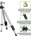 Tripod Base Brass Impact Sprinkler With Pulsating 360 Degree Coverage, Heavy Duty Telescoping Sprinkler showing washer, leg locks, and knob.