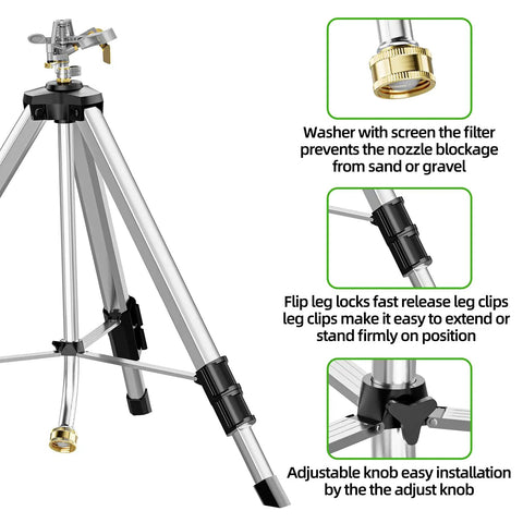 Tripod Base Brass Impact Sprinkler With Pulsating 360 Degree Coverage, Heavy Duty Telescoping Sprinkler showing washer, leg locks, and knob.