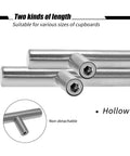 Close-up of Stainless Steel Brushed Satin Nickel Cabinet Pulls Pack Of 30 Hollow Tube T Bar Drawer Handles showing non-detachable feature