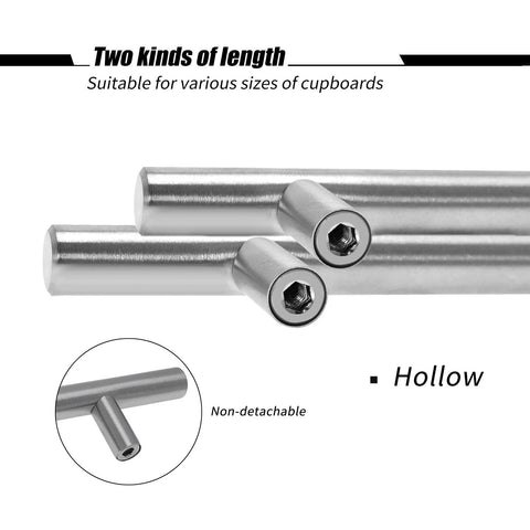Close-up of Stainless Steel Brushed Satin Nickel Cabinet Pulls Pack Of 30 Hollow Tube T Bar Drawer Handles showing non-detachable feature