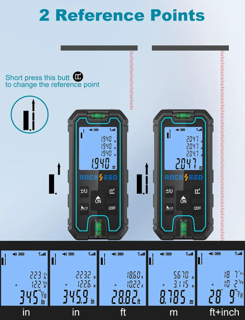 Pro Grade Laser Measuring Tool With 165 Feet Range Handy Red Laser Tape Measure Dual Bubble Levels display in reference mode