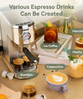 20 Bar Dual Mode Espresso Machine With Portafilter For Nespresso Original Capsules Or Ground Coffee, Boss Home Barista Grade Brewer With Milk Frother, surrounded by various espresso drinks.
