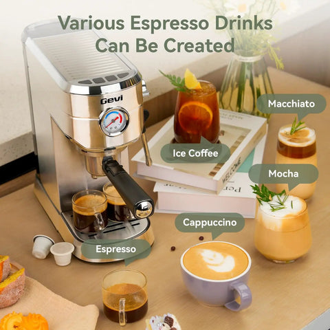 20 Bar Dual Mode Espresso Machine With Portafilter For Nespresso Original Capsules Or Ground Coffee, Boss Home Barista Grade Brewer With Milk Frother, surrounded by various espresso drinks.