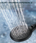 Close-up of water spraying from 7 Setting Handheld Shower Head With On Off Pause Switch For No Fuss Water Control High Pressure 4.8 Inch Shower Head 71 Inch Hose Angle Adjustable Holder Matte Black Water Saving Modes.