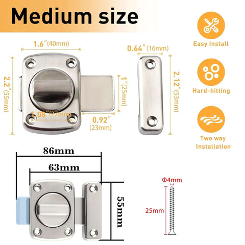 Gate Latch And Sliding Bolt Lock For Cabinets Sheds And Storage Boxes, Double Sided Rotating Gate Hardware In Brushed Zinc Alloy Finish, Heavy Duty Durable 63mm By 55mm MS220U, featuring dimensions and installation benefits.