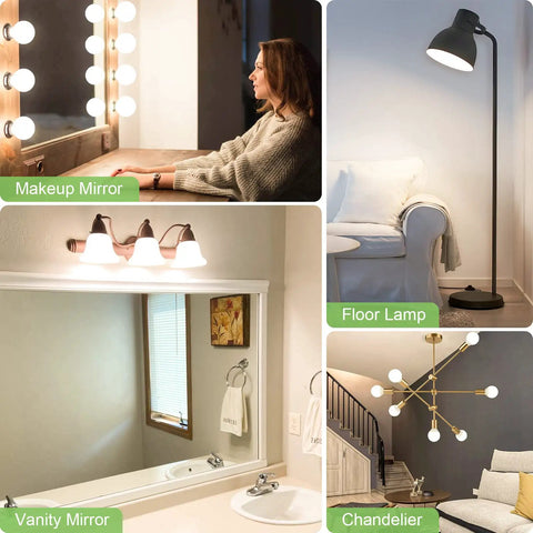 Collage of illuminated mirrors and light fixtures showcasing 8 Pack LED Vanity Light Bulbs For Bathroom 4000K Natural Daylight E26 Base 60W