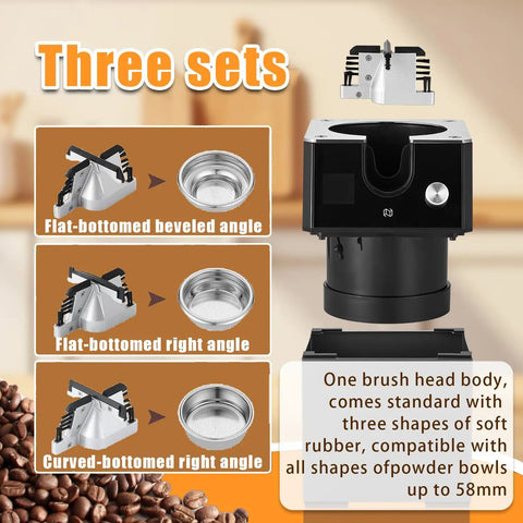 Heavy Duty Automatic Espresso Puck Shooter And Portafilter Cleaner With 58mm Compatibility showing three rubber adapter shapes for coffee bowls.