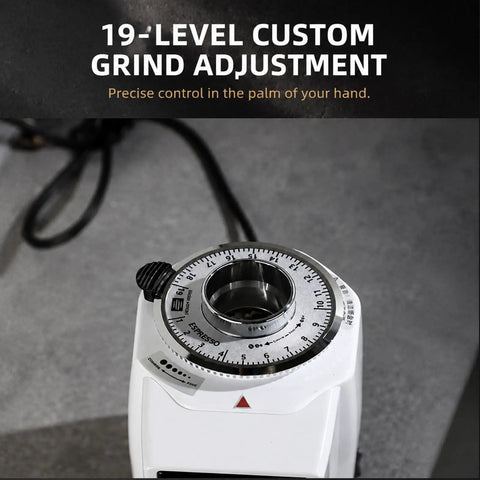 Top Shelf Digital Touch Screen Commercial Coffee Grinder Built With Food Grade Stainless Steel Flat Burrs, showing 19-level grind adjustment.