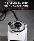 Pro Commercial Coffee Grinder Featuring Flat Burr Design With Built In Auto Tamper 19-level grind adjustment dial close-up.