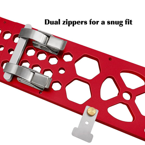 Dual zippers on Upgraded Track Saw Guide Rail Square for precise 90-degree cuts and stable alignment in woodworking.