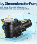 Key dimensions for Heavy Duty Workhorse 2.0Hp Pool Pump Cranks Out 6800 Gph with dual voltage, showing size measurements.