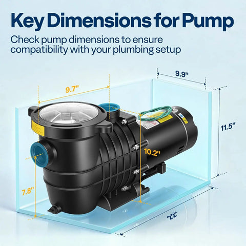 Key dimensions for Heavy Duty Workhorse 2.0Hp Pool Pump Cranks Out 6800 Gph with dual voltage, showing size measurements.