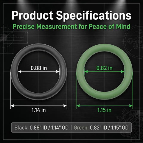 Heavy Pickup Tube O Ring Seal Kit 6 Pcs M29517 Replacement Built For Gm Ls Engines 4.8 5.3 5.7 6.0 6.2 showing black and green O rings with measurements.