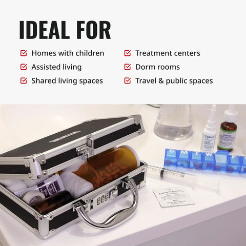 Open Locking Medicine Case With Combination Lock For Home, Travel And Shared Spaces, showing medications and daily pill box.