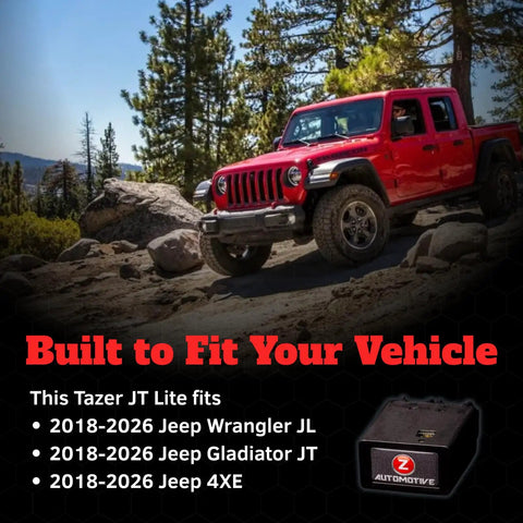 Tazer JL JT Lite Programmer For Jeep Wrangler JL And Gladiator JT Easy Plug In Tuner To Adjust Tire Size Gear Ratio TPMS Speedometer Axle Settings And More For 2018 To 2026 Jeep JL Gladiator JT, red Jeep Gladiator on trail