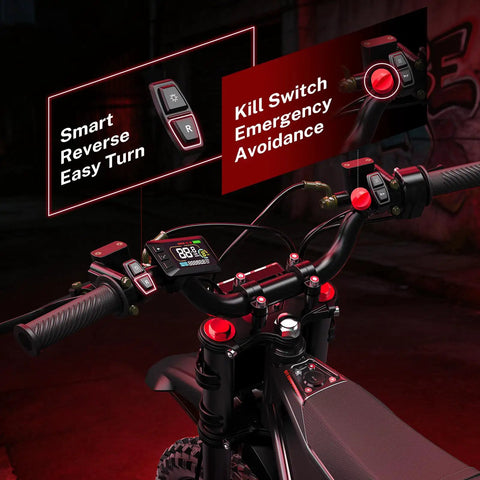 Handlebars of the Villain 4160W Electric Dirt Bike With 52V 26Ah Battery, showing smart reverse and kill switch features.