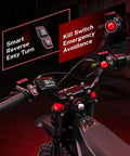 Dual Pack Off Road Beast Mode Electric Dirt Bike With 4160W Mid Drive Motor And 52V 26Ah Battery showing handlebars with controls and display.