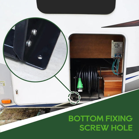Bottom fixing screw hole for Heavy Duty RV Power Cord Reel for Fifty Amp Cables Holds Up To Fifty Feet of Six Three Plus One Eighth AWG Cable All Metal Winding Reel With Easy Grip Handle And Mounting Ready For Camper Or Trailer Storage.