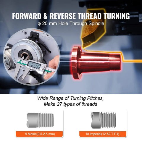 Precision Benchtop Metal Lathe 7 X 14 Inch With 0-2200 RPM variable speed, forward and reverse thread turning detail