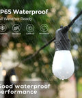 Close-up of Smart Outdoor String Lights 48 Feet With 16 Shatterproof LED Bulbs showing weather resistance in rain