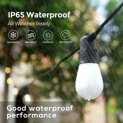 Close-up of Smart Outdoor String Lights 48 Feet With 16 Shatterproof LED Bulbs showing weather resistance in rain