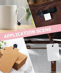 Secure Your Gear Hella Smooth With 300 Black White Tag Fasteners on mug, tags, and fabric in application scenes.