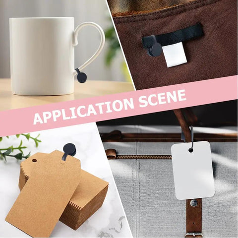 Secure Your Gear Hella Smooth With 300 Black White Tag Fasteners on mug, tags, and fabric in application scenes.