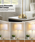Touch Control Bedside Lamps Set Of 2 With USB A And C Ports, 3 Way Dimmable Nightstand Lighting With Fabric Shade in three settings.