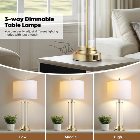 Touch Control Bedside Lamps Set Of 2 With USB A And C Ports, 3 Way Dimmable Nightstand Lighting With Fabric Shade in three settings.