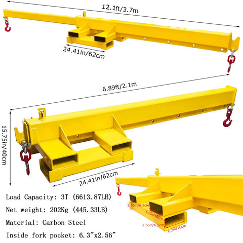 Built Like A Tank 3 Ton Telescopic Forklift Boom Attachment showing 12.1ft length, carbon steel, and lifting hooks.