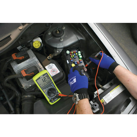 Automotive Digital Multimeter With Extra Large LCD Display And UL Listed Probes in use for car electrical diagnostics