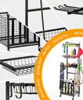 Alloy Steel 4 Tier Rolling Sports Equipment Storage Rack With Wire Mesh Shelves Ball Storage Organizer Removable Hooks Indoor Outdoor Garage Gear Organizer For Baseballs Gloves Bats Helmets Rackets And More, multiple views including close-ups
