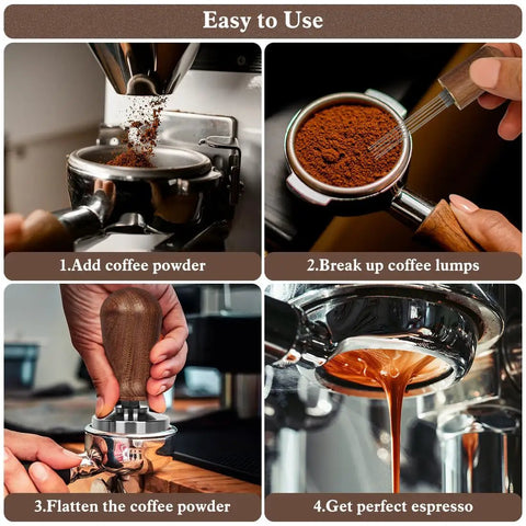 Steps to use 51mm Espresso Tamper Set With 30 Lb Consistent Pressure, Spring Loaded Calibrated Tamper, Silicone Mat, Coffee Stirrer And Distribution Tool, Wooden Barista Kit For Home Espresso Machines, Ideal For Your Italian Moment in espresso making process