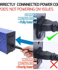 Image showing correct versus incorrect power cord installation for Pro Grade Hot Air Rework Station With Detachable Soldering Gun.