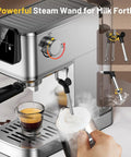 Premium Stainless Steel Espresso Machine 20 Bar With Touch Screen And Steam Wand Milk Frother steaming milk with 360 degree swivel.
