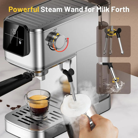 Premium Stainless Steel Espresso Machine 20 Bar With Touch Screen And Steam Wand Milk Frother steaming milk with 360 degree swivel.